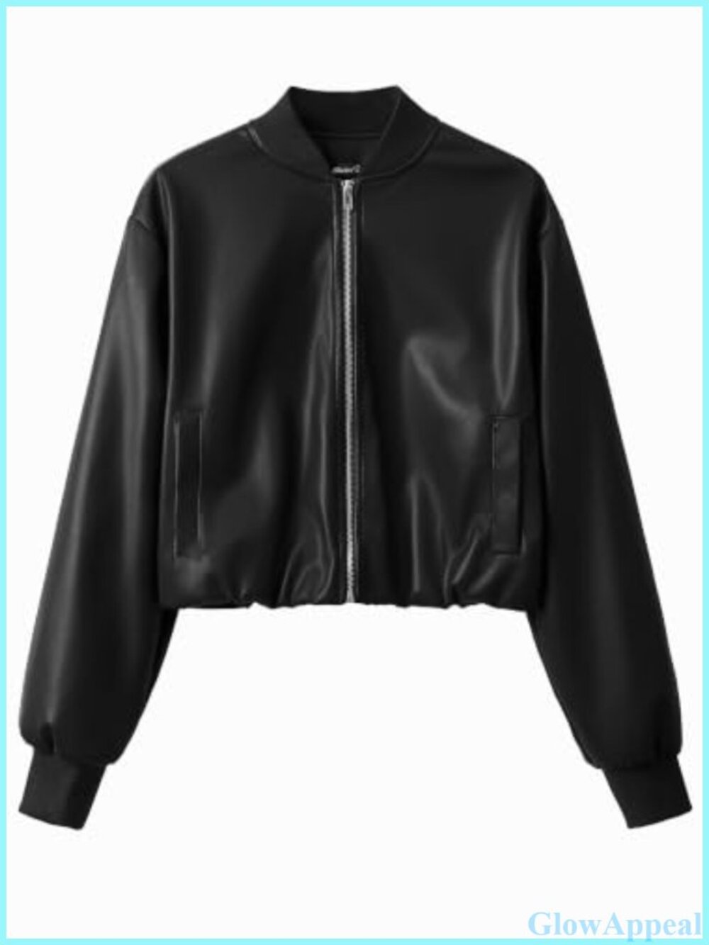 Cropped Faux Leather Zip Up Baseball Jacket with Ribbed Trim